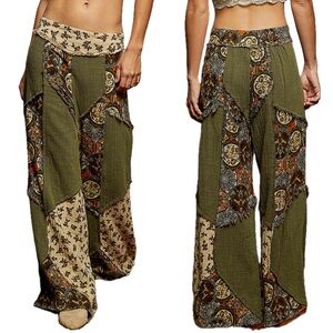 POL Artisan Patchwork Wide-Leg Pants - Olive and Beige